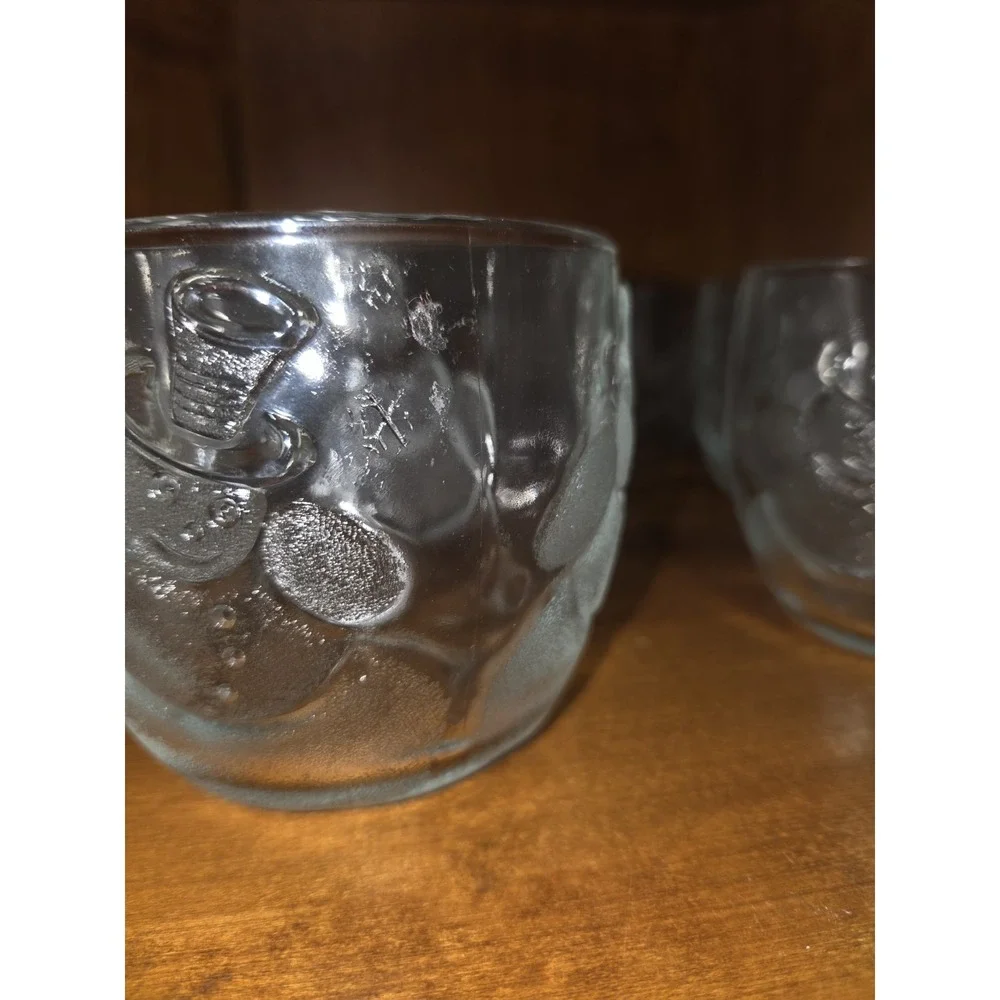 6pc Clear Glass Snowman Embossed Tumblers Set Round Vintage  10 oz